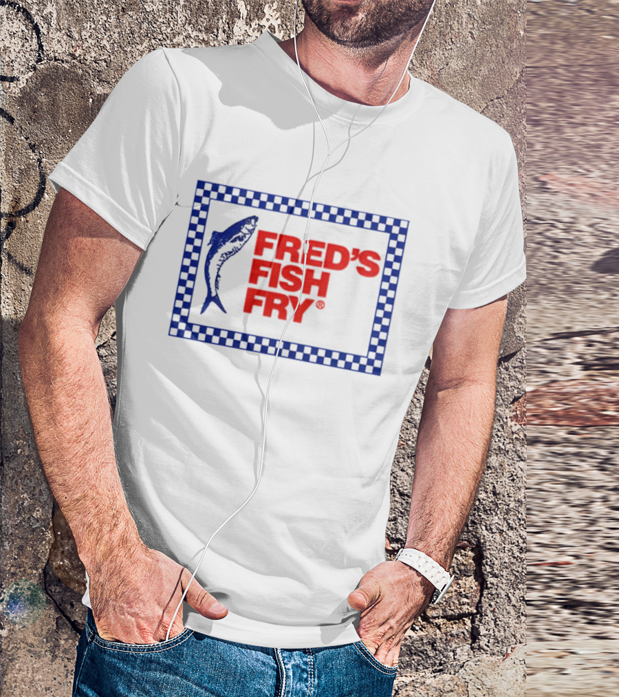 FRED'S FISH FRY Checkered Border With Jumping Fish T-Shirt