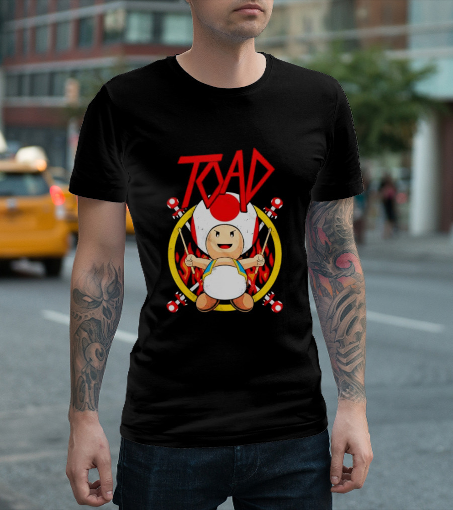 TOAD Heavy Metal Mushroom Drummer with Drumsticks and Flames Background T-Shirt