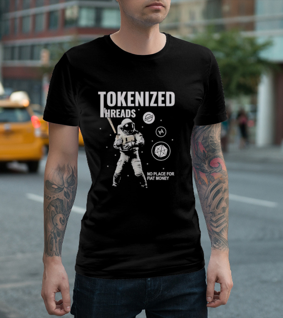 Tokenized Threads Astronaut Crypto Symbols No Place for Fiat Money T-Shirt