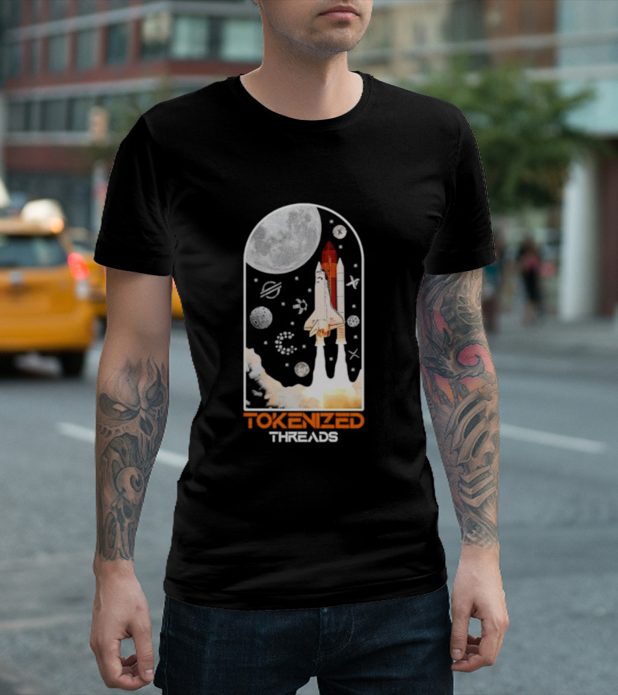 Tokenized Threads Space Shuttle Launch Under Moon with Planets and Stars T-Shirt