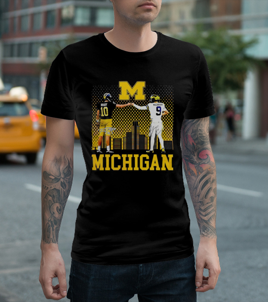 Michigan Wolverines Tom Brady Jj McCarthy Iconic Players Fist Bump Skyline T-Shirt