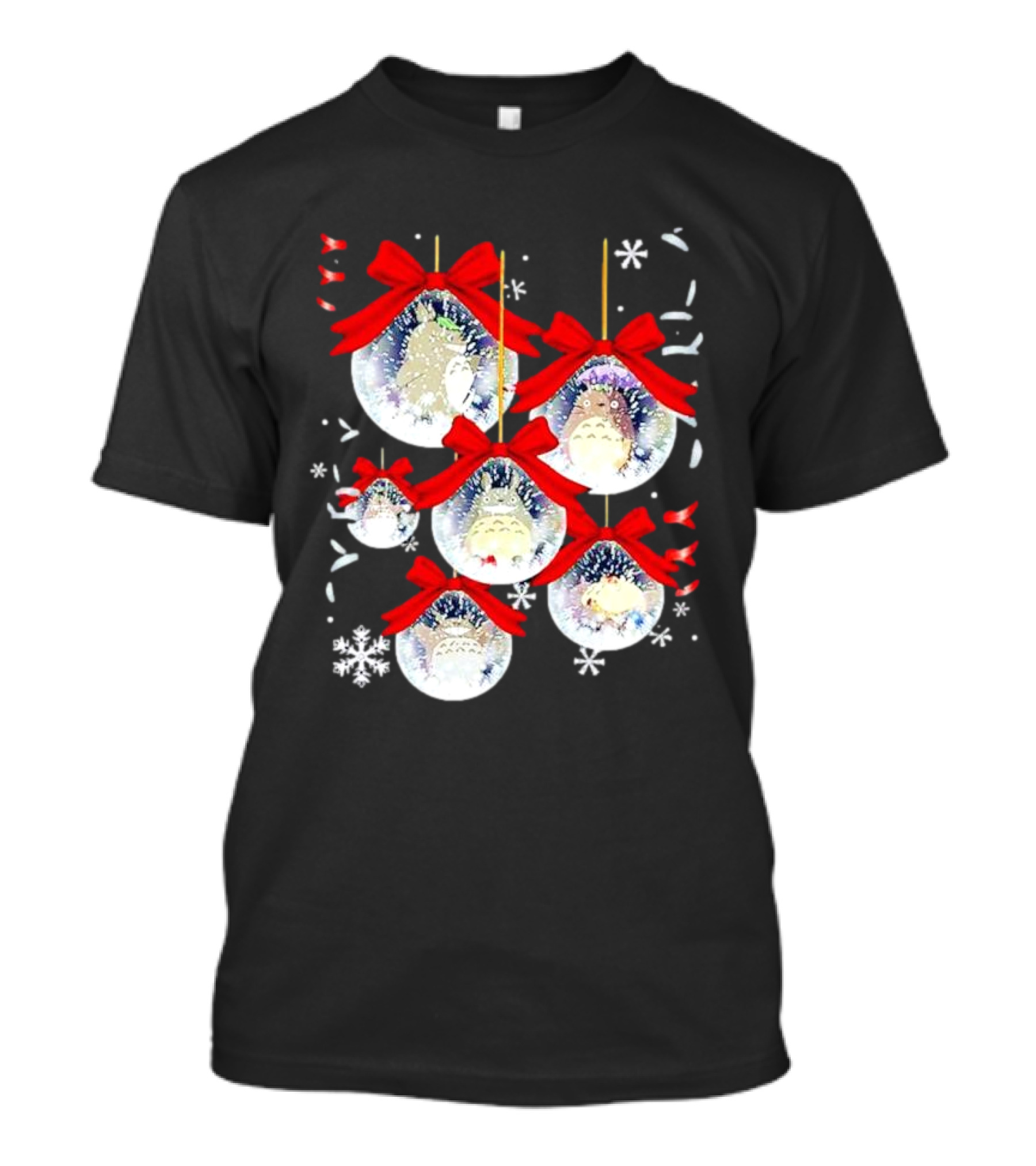 Totoro Chibi Christmas Ornaments With Snowflakes And Red Bows T-Shirt