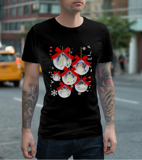 Totoro Chibi Christmas Ornaments With Snowflakes And Red Bows T-Shirt