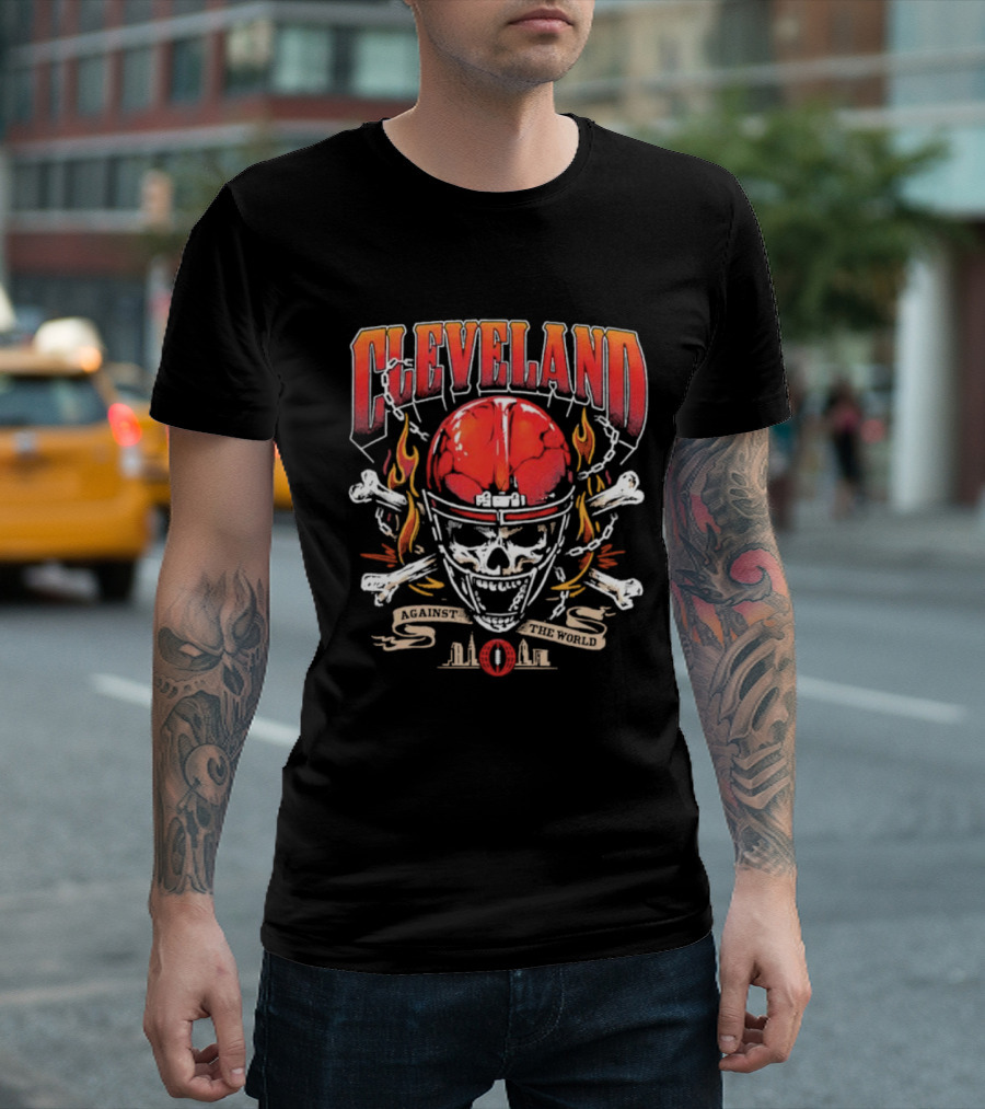 Cleveland Against the World Skull Helmet Flames Crossbones T-Shirt