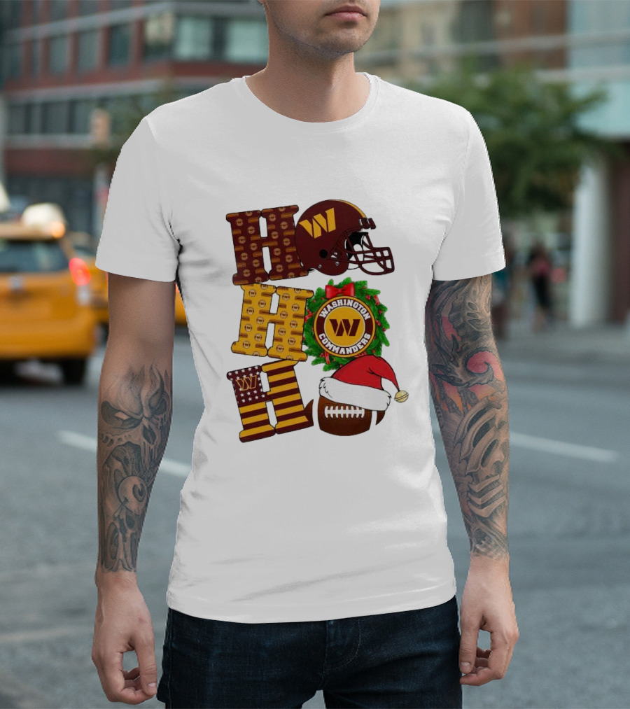 Washington Commanders Helmet Wreath Football Ho Ho Ho Merry Christmas T-Shirt