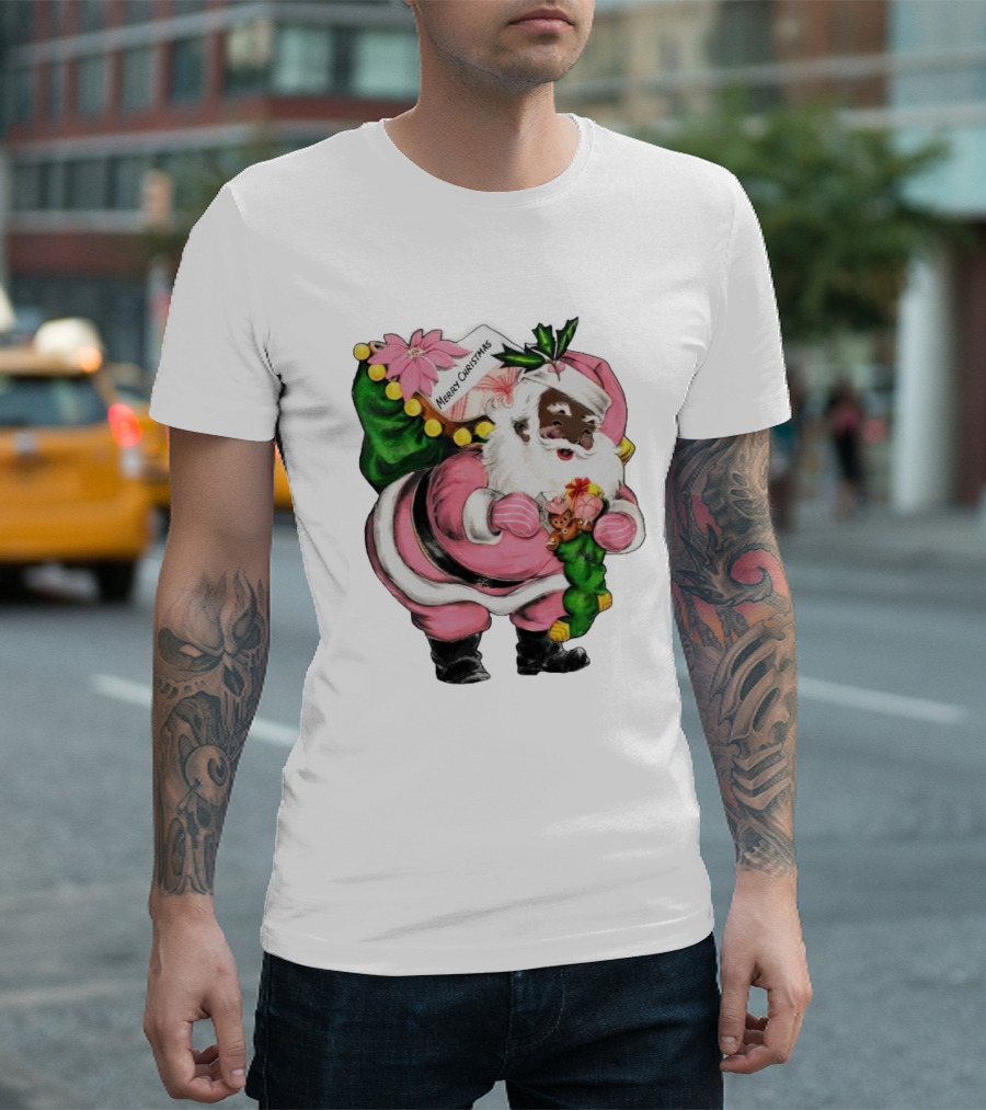Merry Christmas Santa Claus Wear Pink Outfit with Sack and Toys T-Shirt