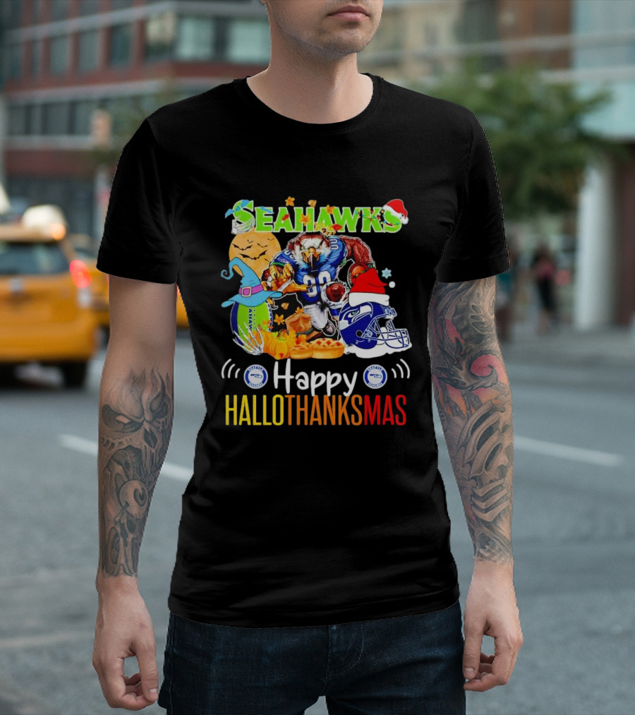 Seattle Seahawks Happy HalloThanksMas Holiday T-Shirt