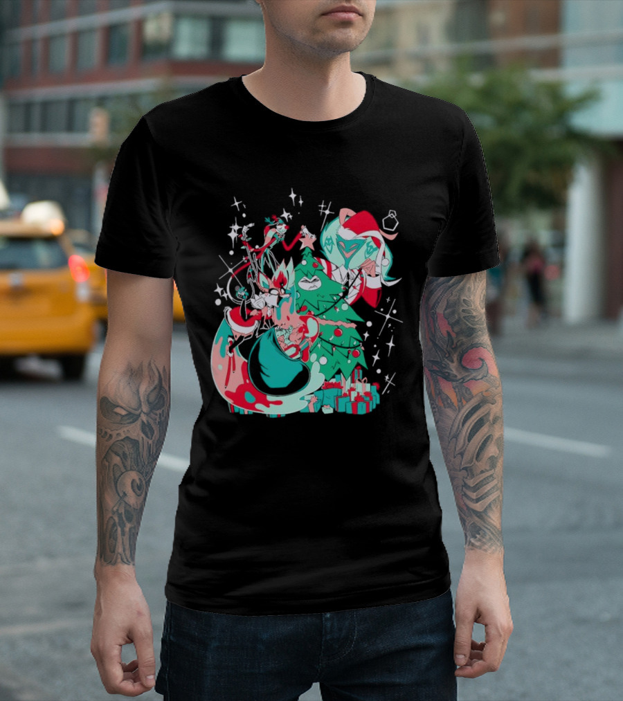 Shark Robot Sinful Holiday Christmas Hazbin Hotel Festive Tree and Characters T-Shirt