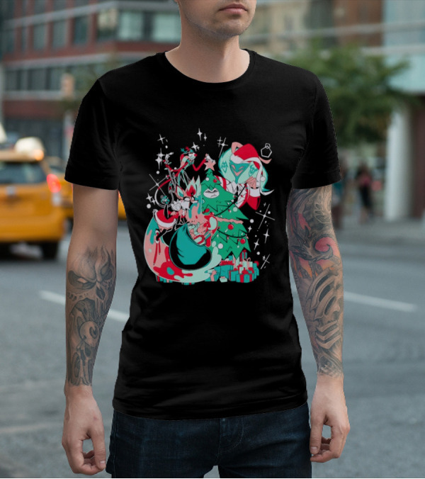 Shark Robot Sinful Holiday Christmas Hazbin Hotel Festive Tree And Characters T-Shirt