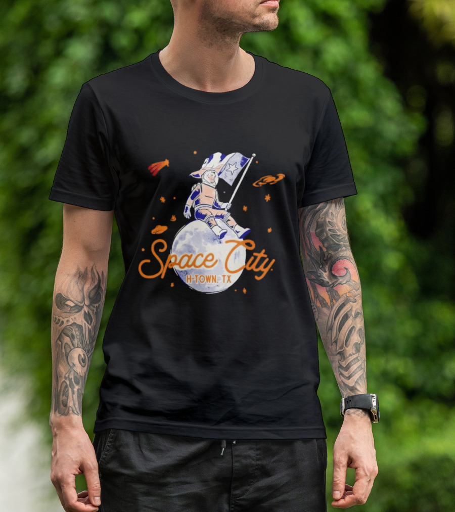 Space City H-Town TX Astronaut On Moon With Saturn And Stars T-Shirt