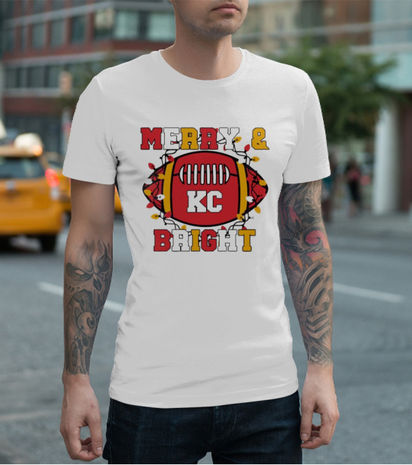 Kansas City Chiefs KC Merry And Bright Football Christmas T-Shirt