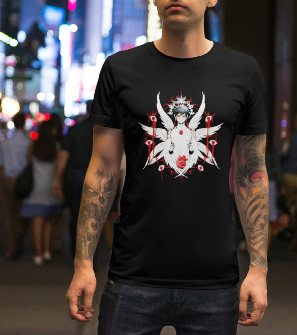 W6rst Maza Anime Angelic Figure With Wings And Red Accents T-Shirt
