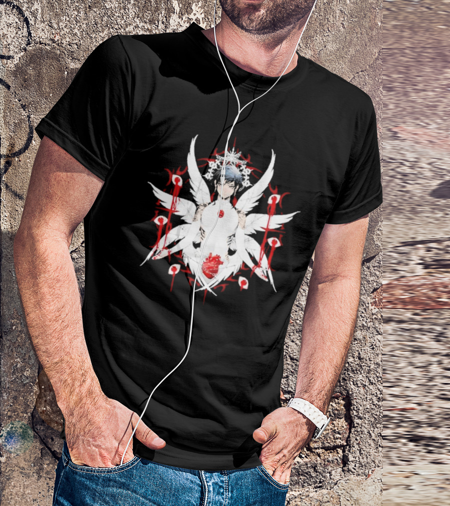 W6rst Maza Anime Angelic Figure With Wings And Red Accents T-Shirt