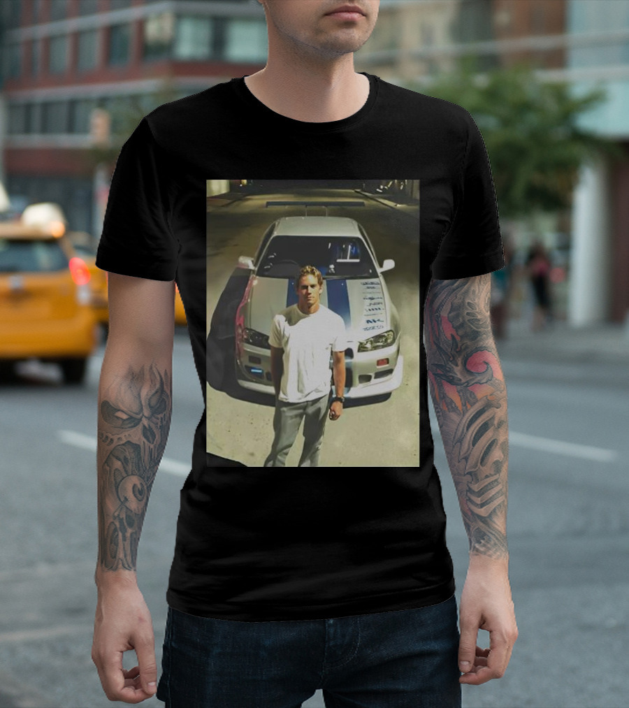 Paul Walker Giving Season with Iconic Car Street Scene T-Shirt