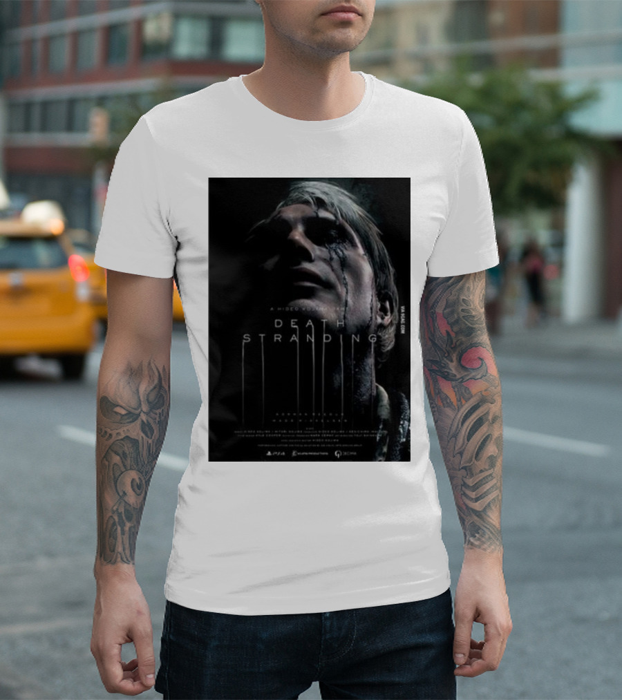A Hideo Kojima Game Death Stranding Poster with Actor's Face and Title in Dripping T-Shirt