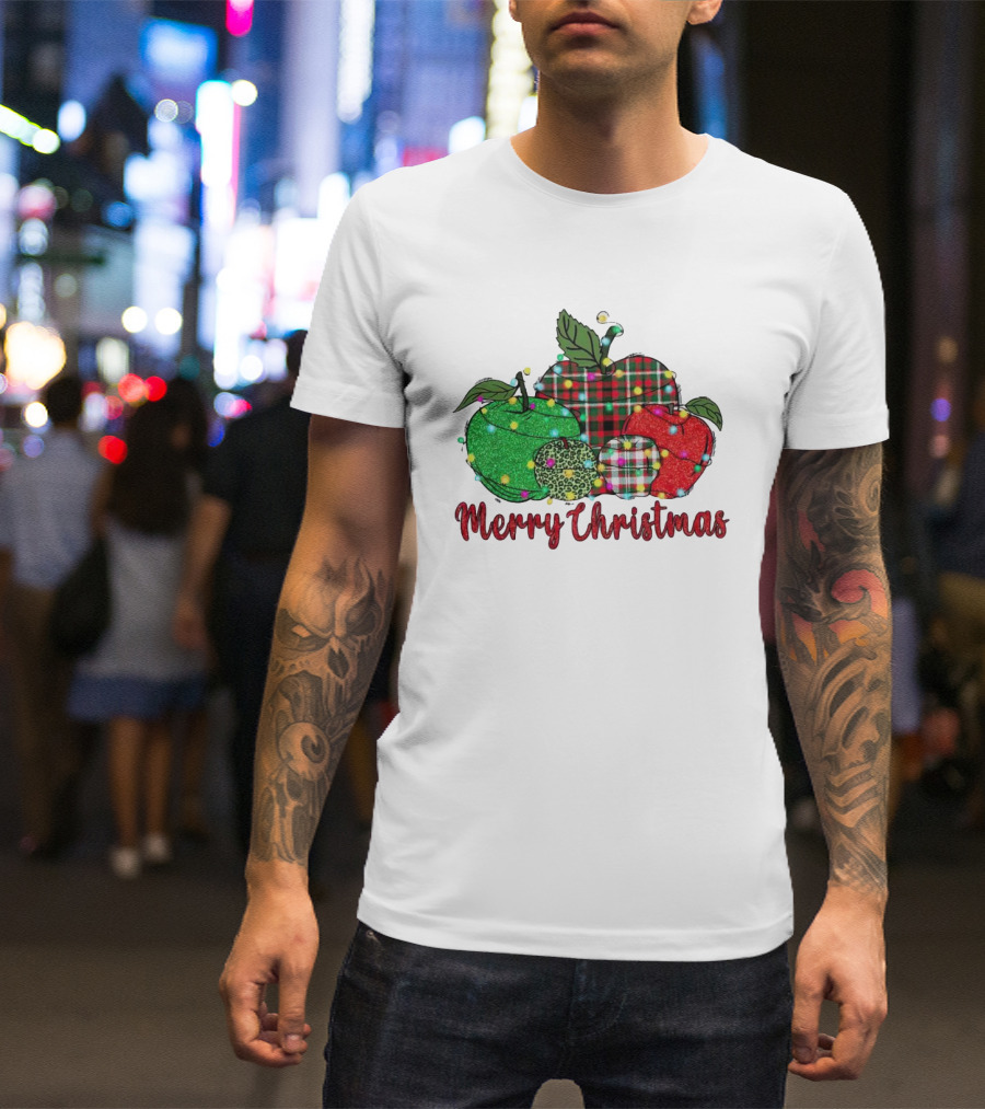 Merry Christmas Apples Plaid And Lights T-Shirt