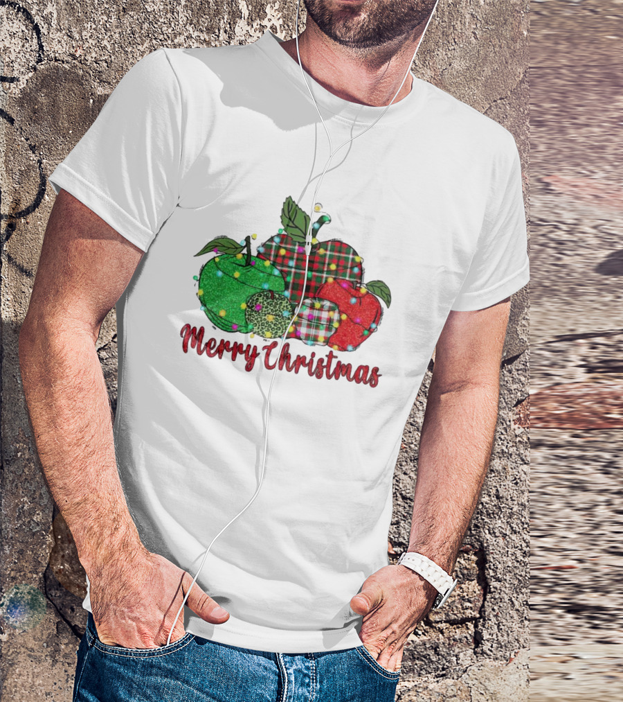 Merry Christmas Apples Plaid And Lights T-Shirt