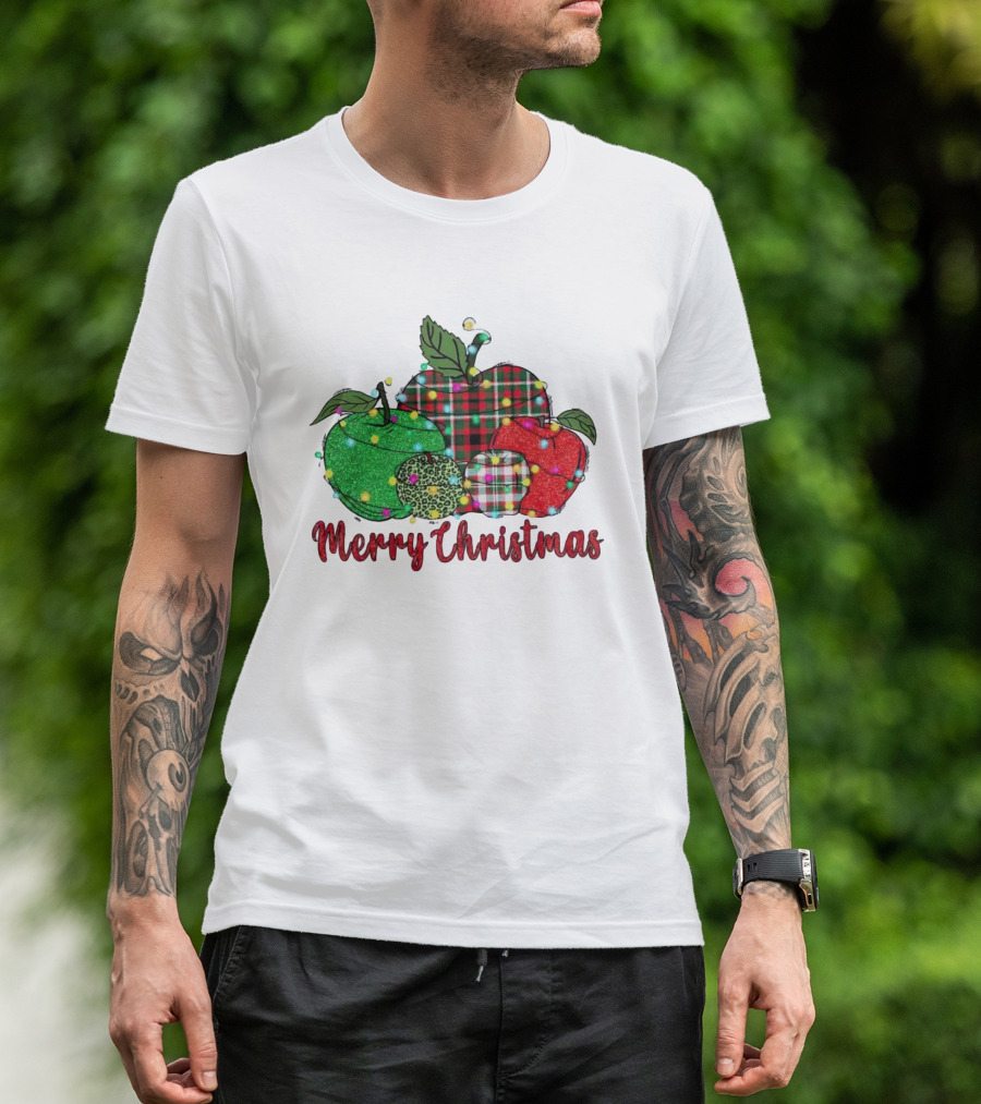 Merry Christmas Apples Plaid And Lights T-Shirt