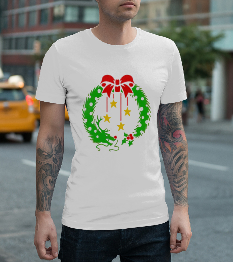 Christmas Wreath Dragon With Four Stars And Red Bow T-Shirt
