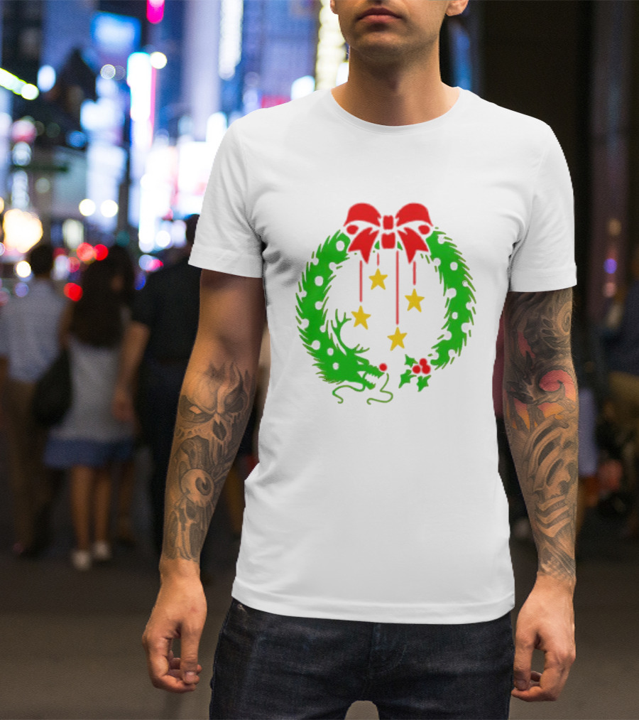 Christmas Wreath Dragon With Four Stars And Red Bow T-Shirt