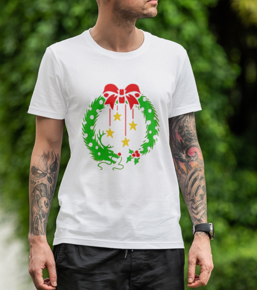Christmas Wreath Dragon With Four Stars And Red Bow T-Shirt