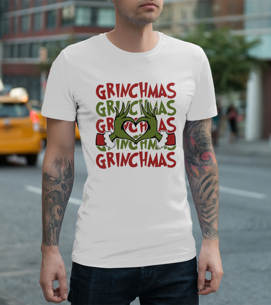 Grinch Hand Heart Love Grinchmas Repeating Text T-Shirt