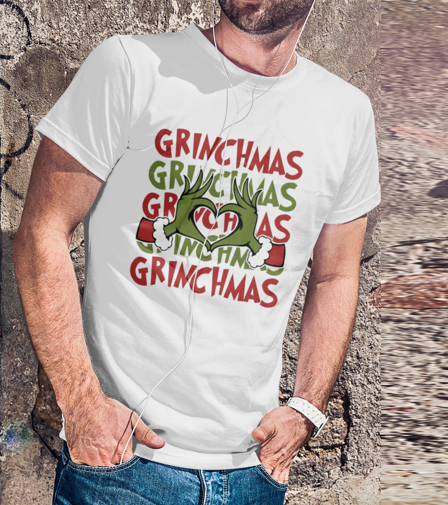 Grinch Hand Heart Love Grinchmas Repeating Text T-Shirt