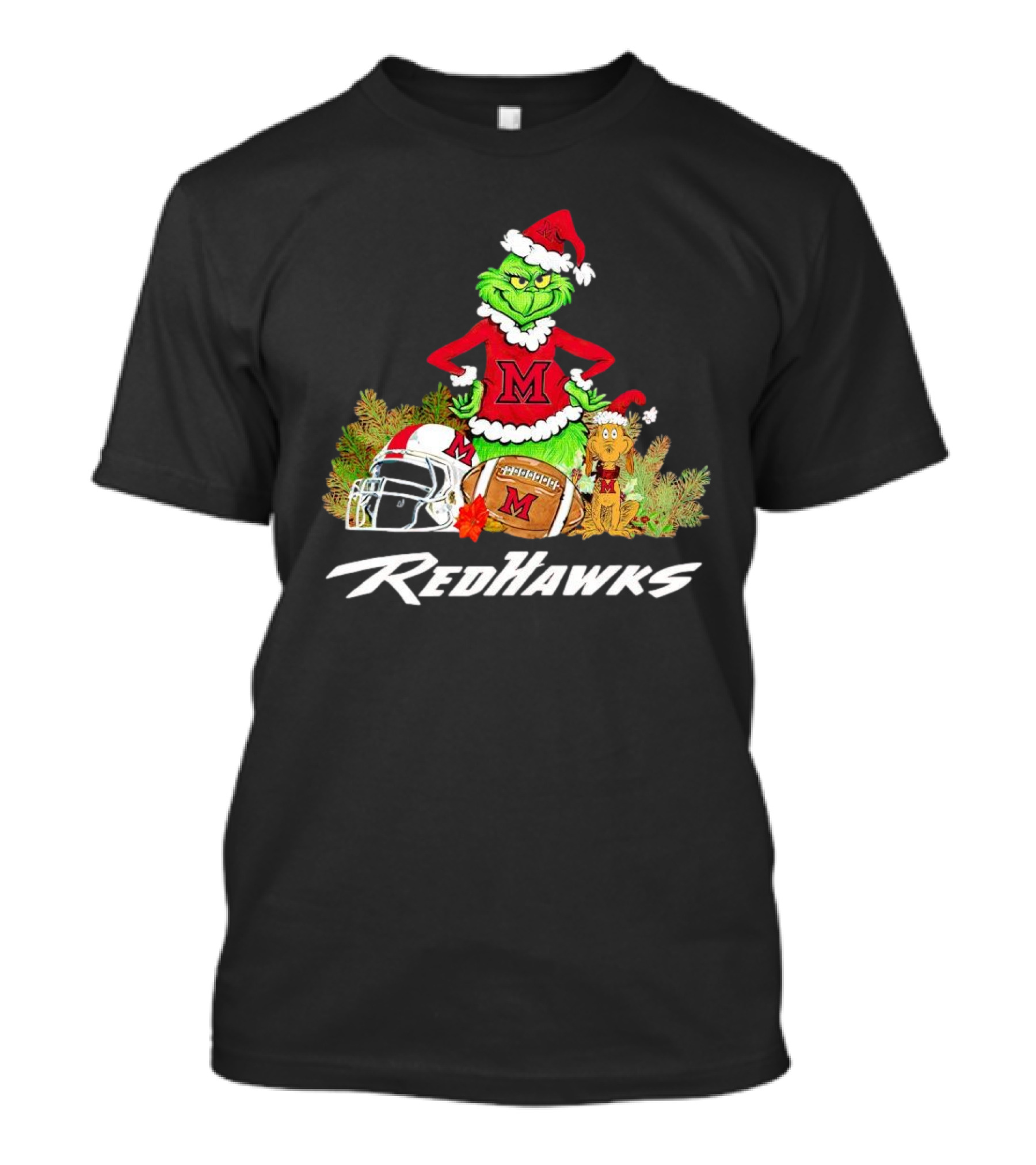 Grinch With Miami RedHawks Christmas Football Santa Hat T-Shirt