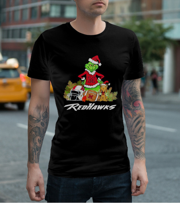 Grinch With Miami RedHawks Christmas Football Santa Hat T-Shirt