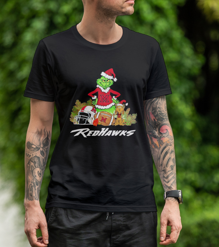 Grinch With Miami RedHawks Christmas Football Santa Hat T-Shirt