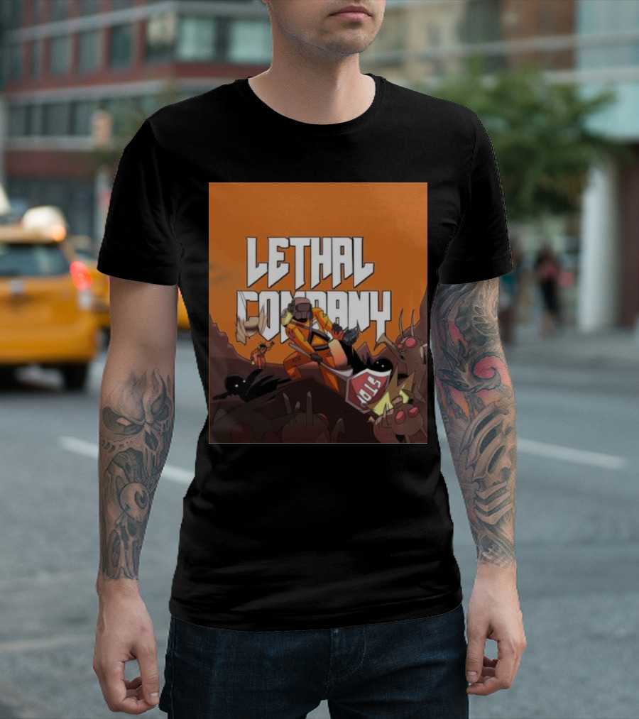 Lethal Company Stop Sign Creature Battle Scene T-Shirt