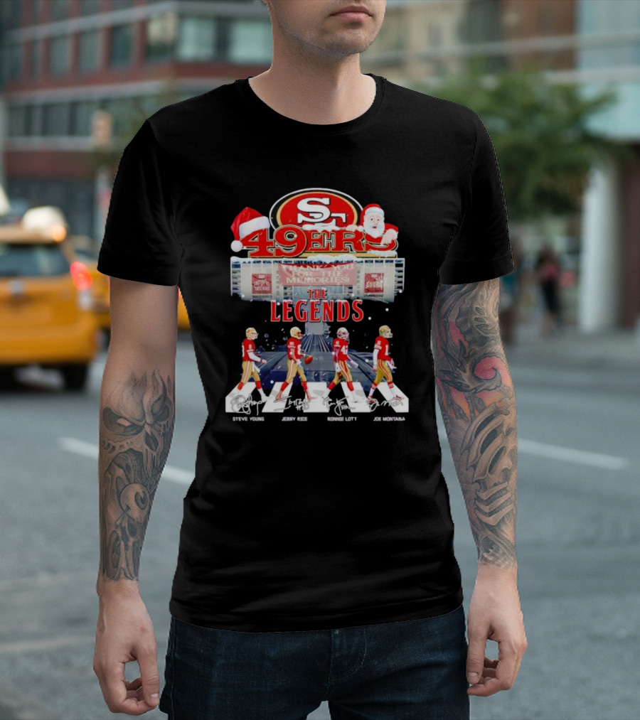49ers The Legends Abbey Road Steve Young Jerry Rice Ronnie Lott Joe Montana Christmas Signatures T-Shirt