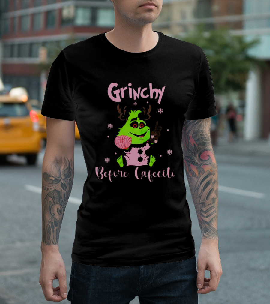 Grinchy Before Cafecito Christmas Holiday Drink Snowflakes T-Shirt