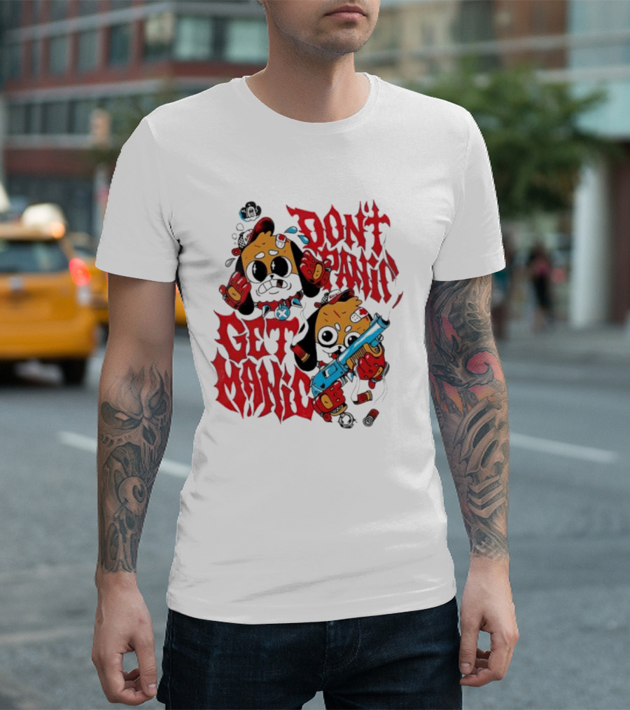 Don’t Panic Get Manic Cartoon Bears In Red And Black With Blue Gun T-Shirt