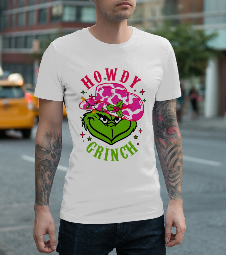 Howdy Grinch Christmas Cowboy Hat Festive Lights T-Shirt