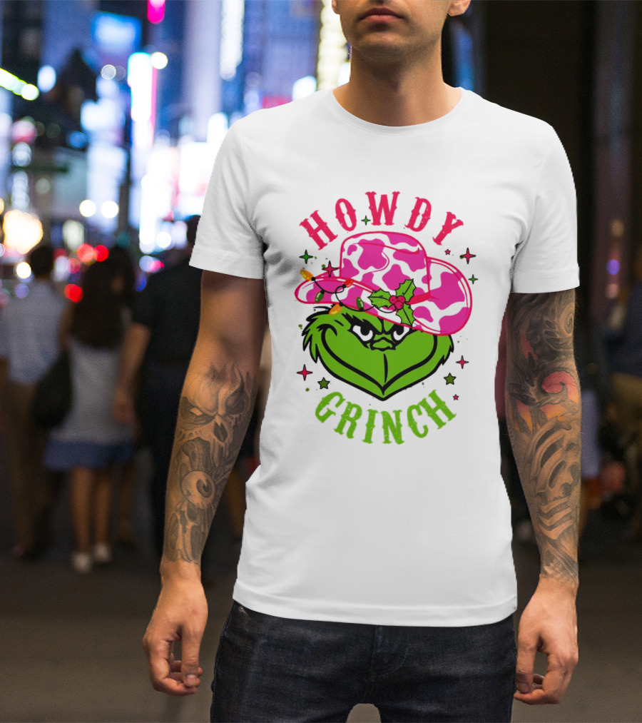 Howdy Grinch Christmas Cowboy Hat Festive Lights T-Shirt