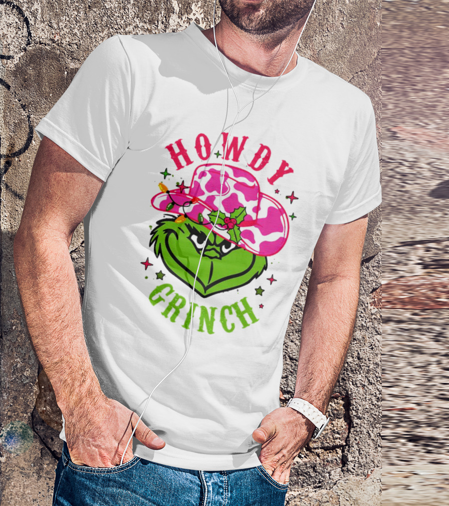 Howdy Grinch Christmas Cowboy Hat Festive Lights T-Shirt