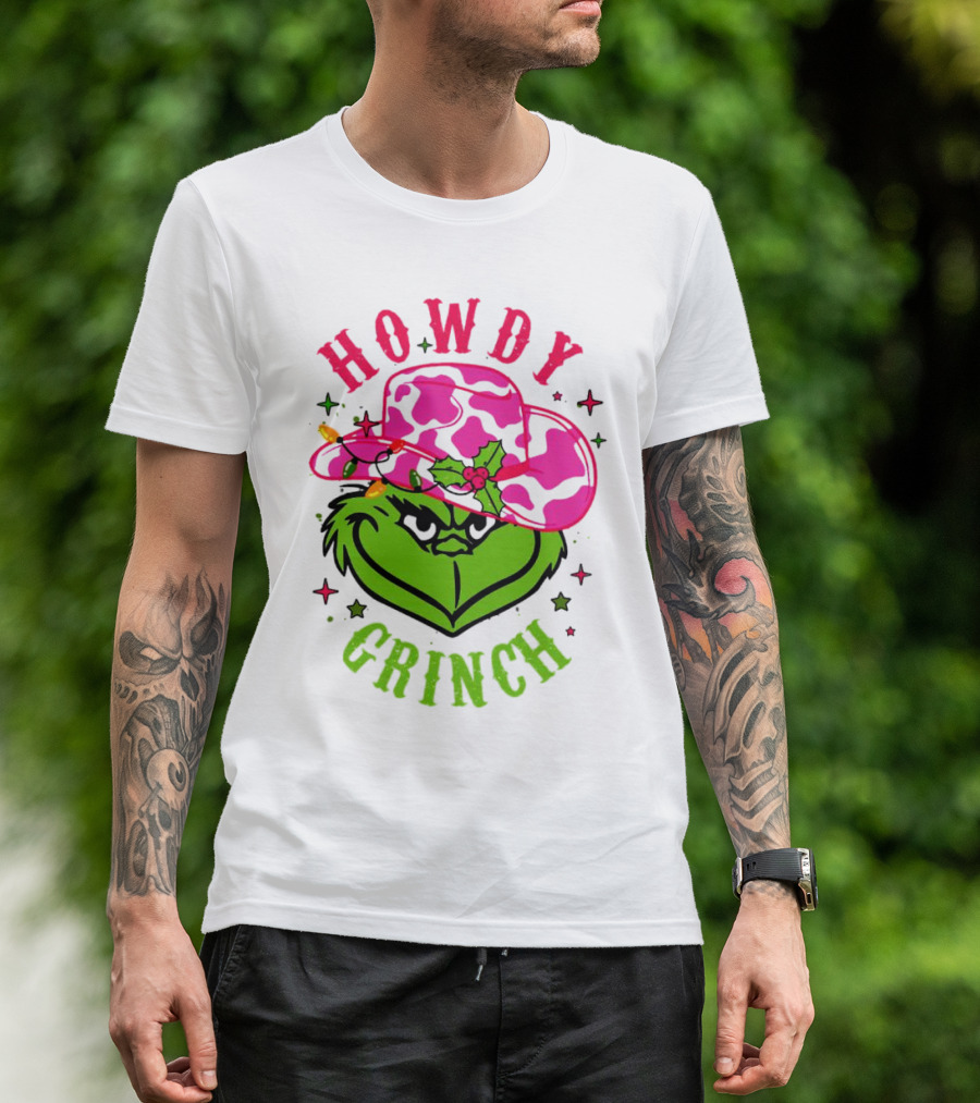 Howdy Grinch Christmas Cowboy Hat Festive Lights T-Shirt