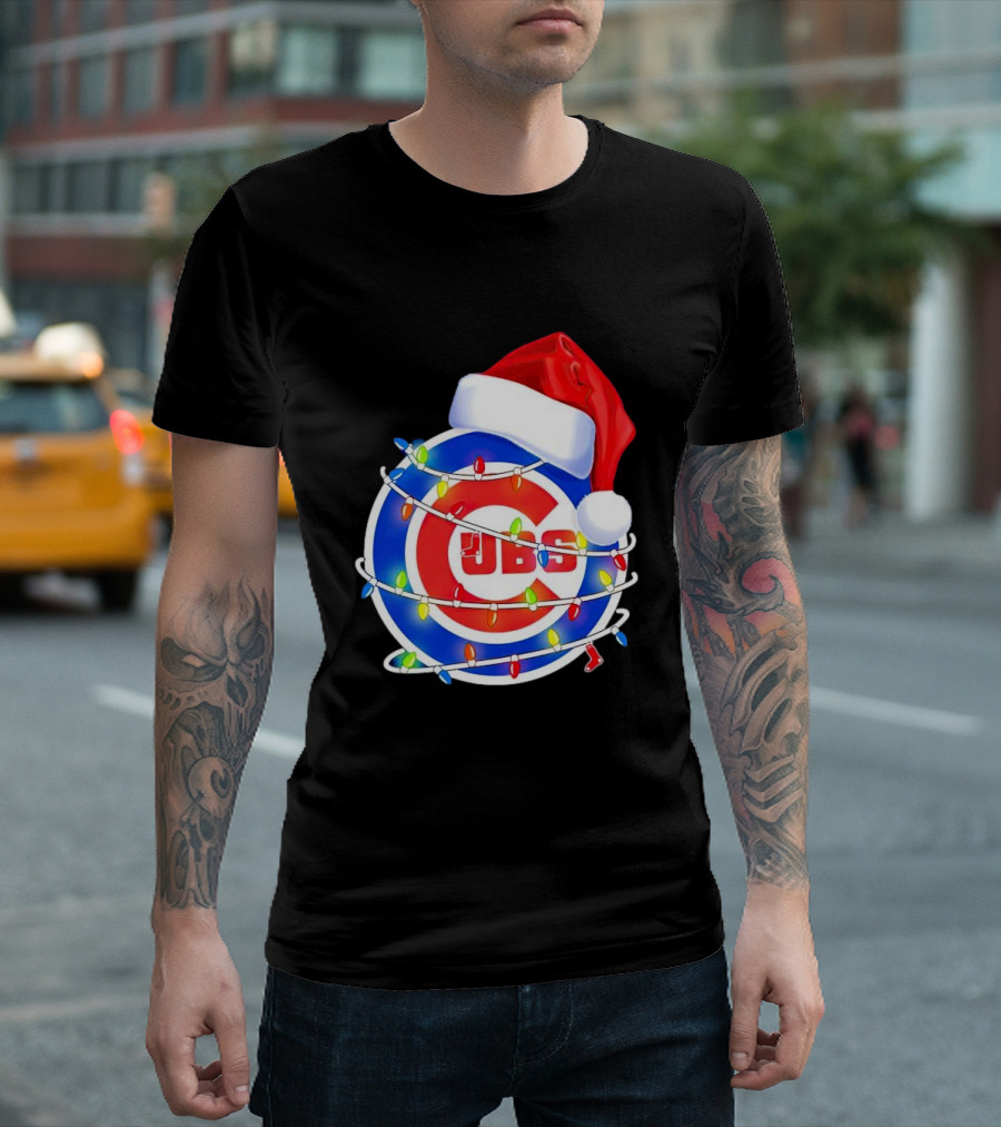Chicago Cubs Festive Christmas Lights with Santa Hat T-Shirt