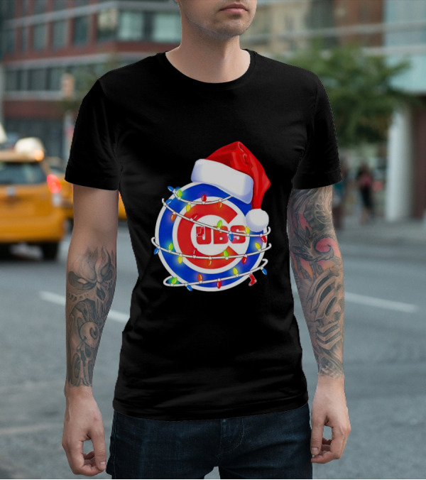 Chicago Cubs Festive Christmas Lights With Santa Hat T-Shirt