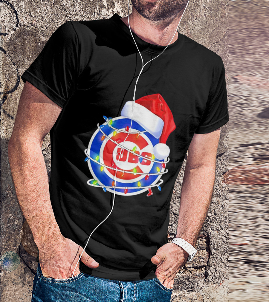 Chicago Cubs Festive Christmas Lights With Santa Hat T-Shirt