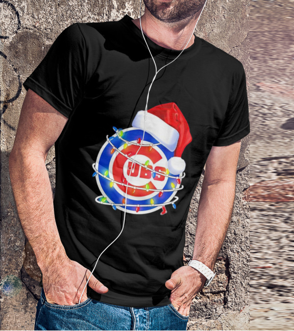 Chicago Cubs Festive Christmas Lights With Santa Hat T-Shirt