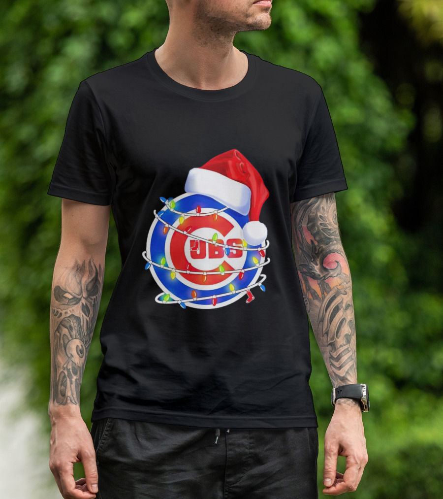 Chicago Cubs Festive Christmas Lights With Santa Hat T-Shirt