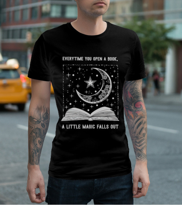 Everytime You Open A Book A Little Magic Falls Out With Starry Crescent Moon And Open Pages T-Shirt