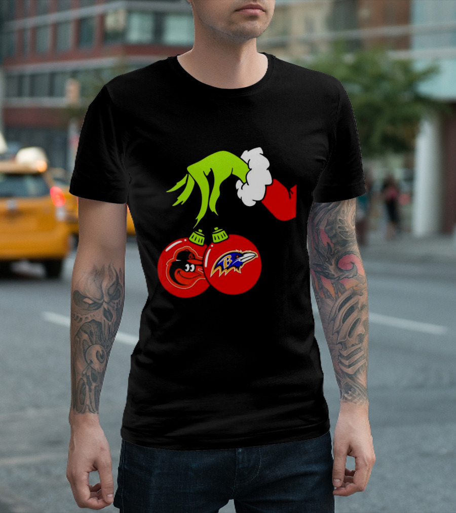 Grinch Hand Holding Baltimore Ravens and Orioles Christmas Ornaments T-Shirt