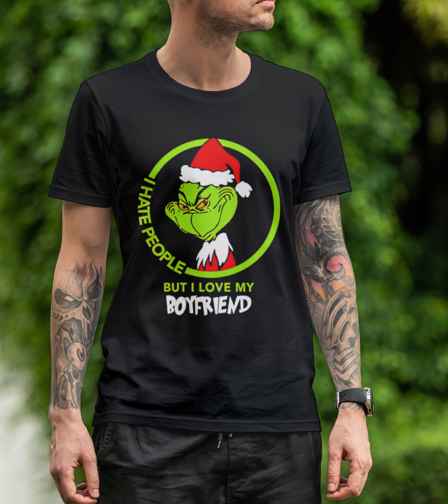 Grinch I Hate People But I Love My Boyfriend Christmas Santa Hat T-Shirt