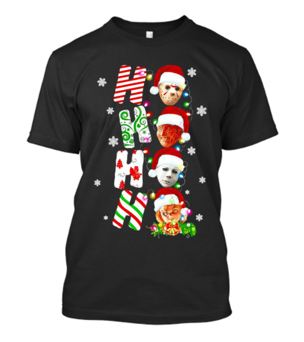 Ho Ho Ho Horror Movies Characters Christmas Snowflakes Santa Hats T-Shirt