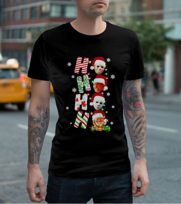 Ho Ho Ho Horror Movies Characters Christmas Snowflakes Santa Hats T-Shirt