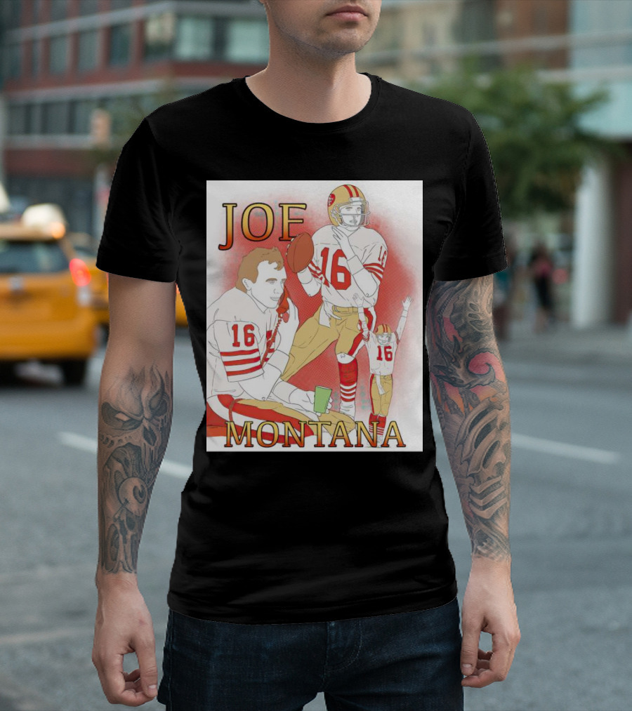 Joe Montana Football Quarterback Collage 16 Red and Gold T-Shirt