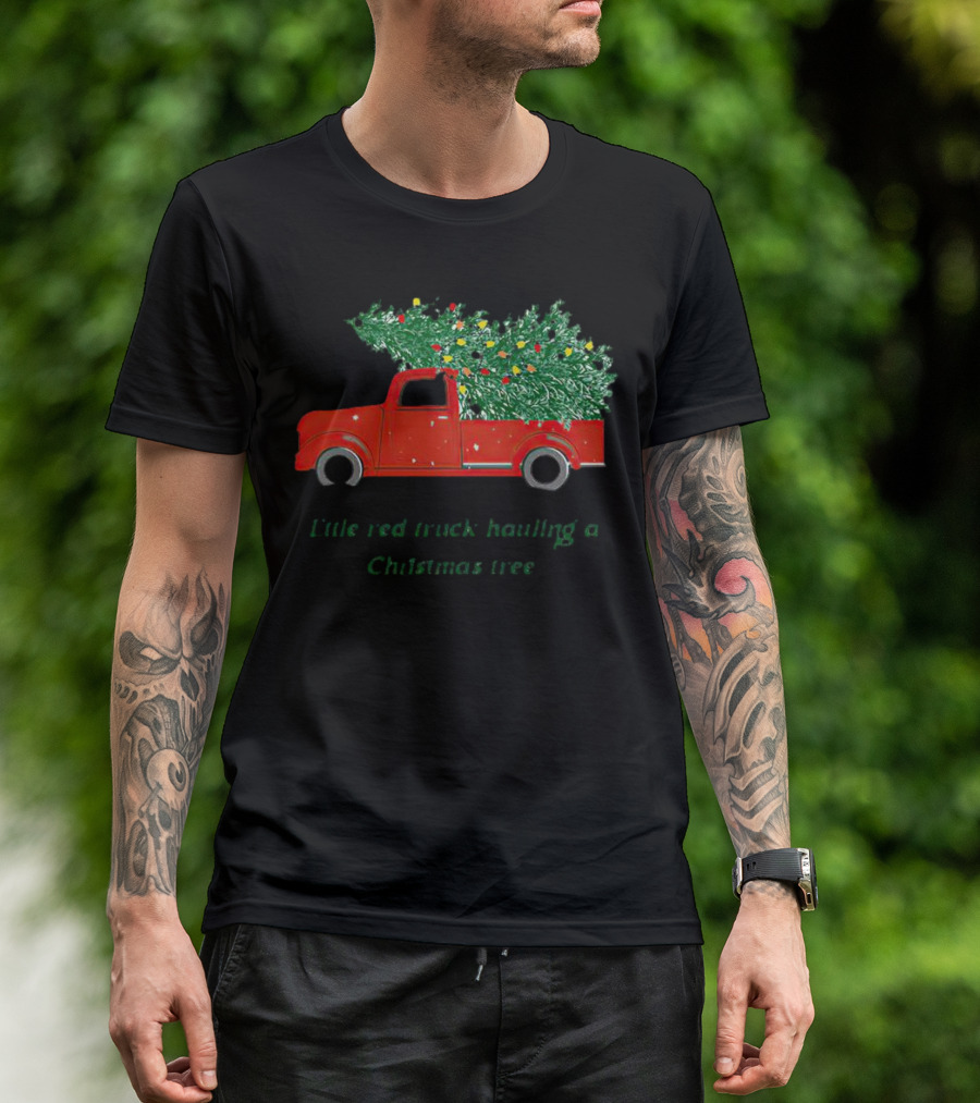 Little Red Truck Hauling Christmas Tree Festive Vintage Holiday Scene T-Shirt